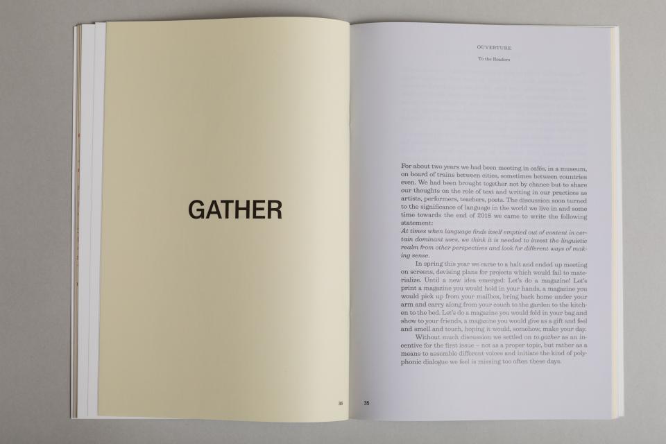 image of a magazine, showing on the left page the word GATHER in bold, black letters, and a longer text titles Ouverture on the right page